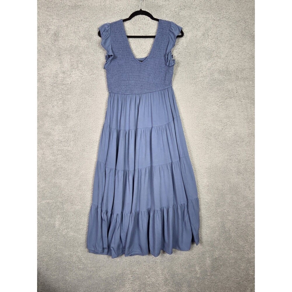 PrettyGarden Blue Smocked Tiered Midi Dress Flutter Sleeve‎ V-Neck Boho Small - Picture 2 of 8